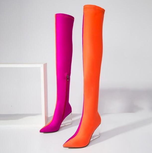 

boots 2 color patchwork pink red orange woman pointed sheep elastic zipper on the long knee transparent cunha e4ba, Black