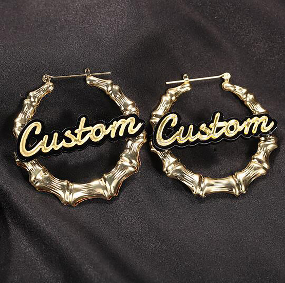 

YISHOP4U Custom Name Earrings 30-100mm Diameter Bamboo Style Stainless Steel Customized Earring for Women Gift Hiphop Jewelry