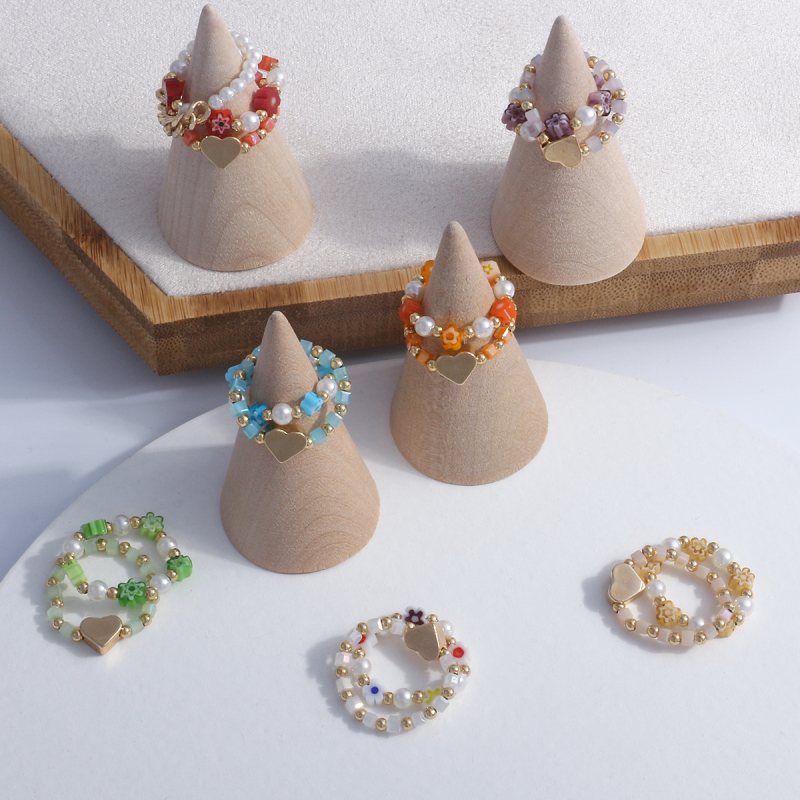 

Trendy Christmas Gift Acrylic Pearl Beads Heart Charm Ring Jewelry 3pcs/Set