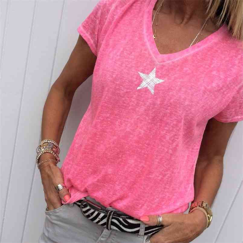 

V-neck Short Sleeve Casual Pentagram Print T Shirt Women Summer Plus Size 5xl Tops Tshirt T-shirt Tee Femme -5XL 210708, Orange