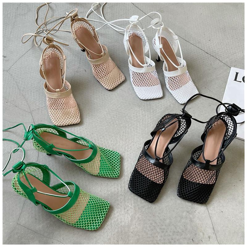 

2021 Ladies Sexy Mesh Sandals Shoes Summer Thin High Heels Pumps Women Square Toe Ankle Strap Gladiator Romen Outdoor Sandals, Black