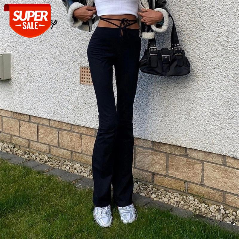 

Weekeep Indie Aesthetic Sexy Tie Up Pants Womens Streetwear Y2K Low Waist Flare Pants Vintage Slim Harajuku Trousers Summer 2021 #EV7Y, Black;white