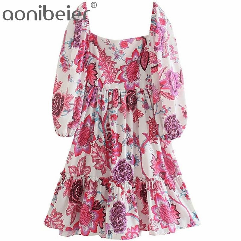 

Printed Summer Puff Sleeve Square Collar Shirred Back Women Casual Midi Skater Dress Knee Length Ruffles Female 210604, 01