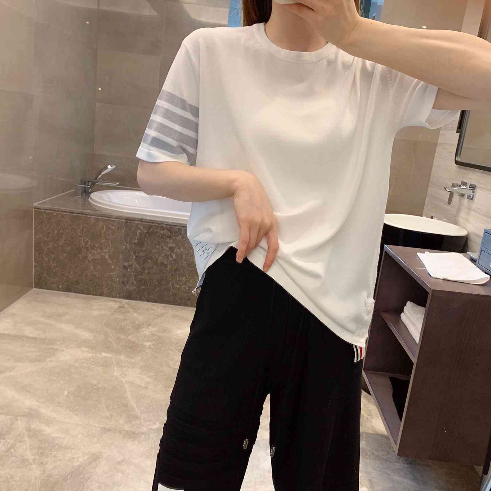 

2021 summer TB college style round neck knitted ice hemp short sleeve casual T-shirt loose women' bottomed Shirt Top, P-tb crew neck short sleeve black