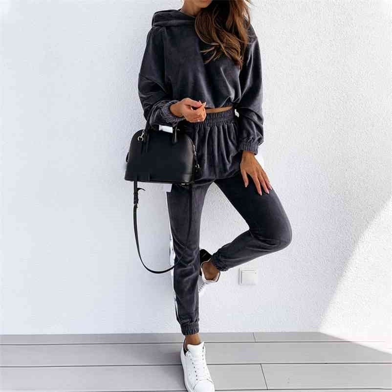 

Velvet Hooded Sweatshirt Long Pant Women Sets High Waist Elastic Track Pants Autumn Winter Loose Short Pullover 2 Pieces Set 210524, Dark grey