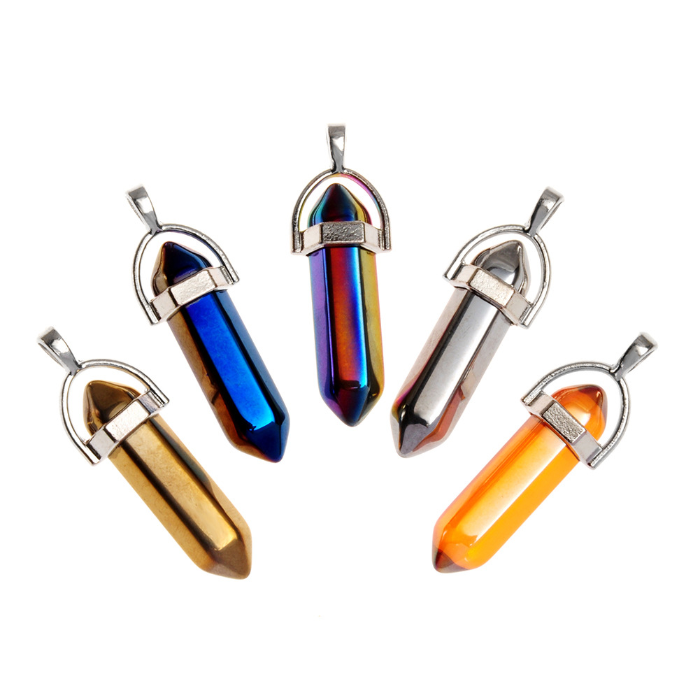 

The colorful plating color Hexagon Prism Charms Pendants Crystal Clear Chakras Gem Stone fit earrings necklace making assorted
