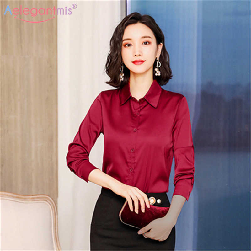 

Aelegantmis Turn-down Collar Office Lady Blouse Women Spring Satin Chiffon Blouses Plus Size Loose Ladies Casual Tops Slim Shirt 210607, Blue