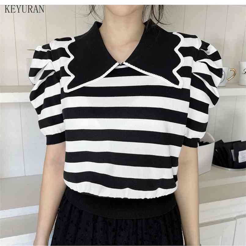 

Summer Vintage Women Knitted T-Shirts Turn-Down Collar Puff Short Sleeve Casual Slim Knit Stripes Tees Korean Thin Ice Silk Tops 210708, Black