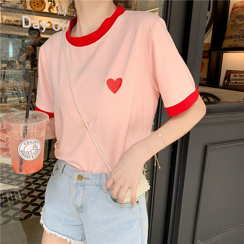 

2021 New Ulzzang Sweet Love Printing Schoolgirl T-shirt Will See Slices Plus Size Short Sleeve Korean Tops Kawaii Women's Clothes 7nkr, Pink.