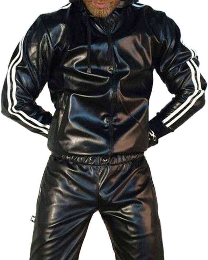 

Men's PU Leather Hoodie Suit Casual Sportswear Hooded Jogging Suit Sportswear Men Outfit Set Juicy Tracksuit G1217, Black
