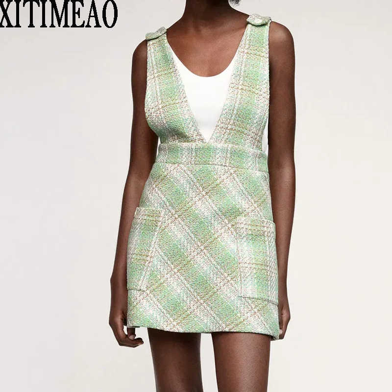 

Za Women Fashion V-neck Vest Dress Plaid Mini Sexy Sleeveless Party es Clothes 210604, Green