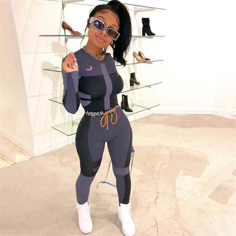 

Fashion Active Wear Tracksuit Women Fitness 2 Piece Set Long Sleeve Crop Top and Letters Print Leggings Sportswear Sports Suit 210603, Gray