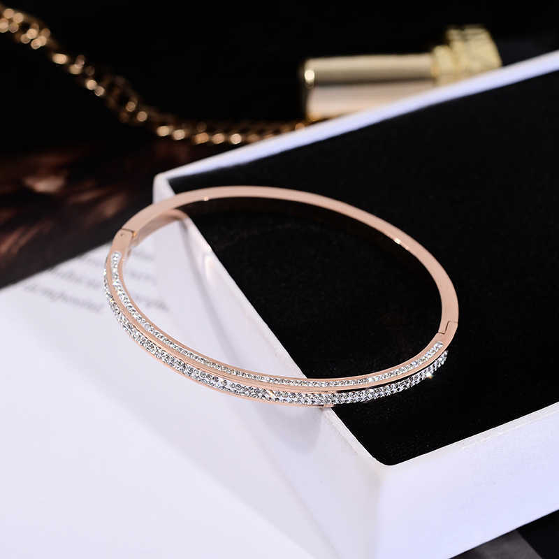 

Yun Ruo 2019 New Arrival Chic Luxury Shiny Full Crystal Bangle Rose Gold Color Titanium Steel Jewelry Woman Gift Party Not Fade Q0720