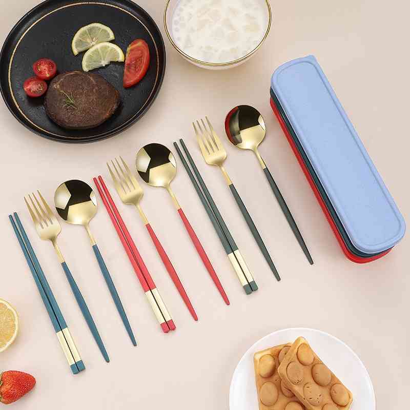

Stainless steel Portuguese fiber chopsticks spoon student travel outdoor portable tableware three piece set storage box