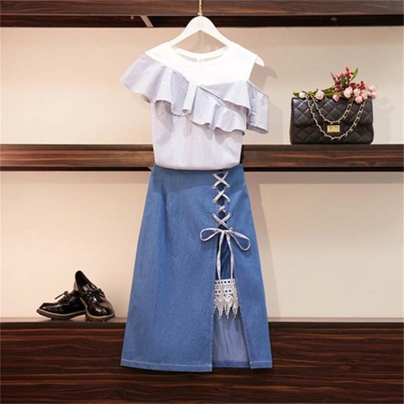 

Summer Ruffles Patchwork Striped Tops Blouse and Cross Tie up Lace Trim Denim Skirt Sets Split Suits 210602, Blue