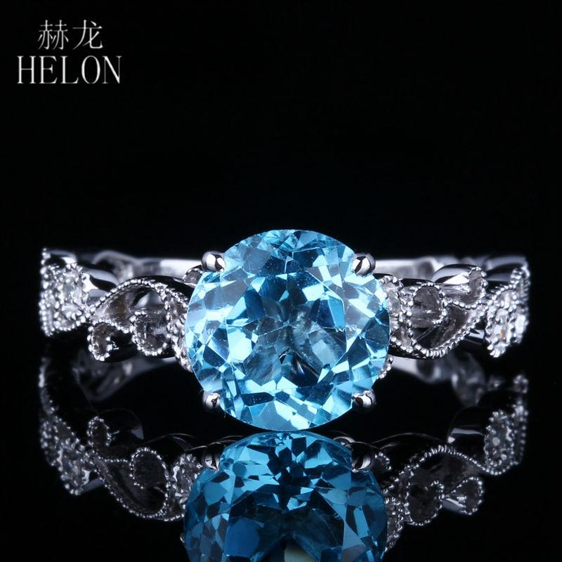 

Cluster Rings HELON 925 Sterling Silver Round 7MM 100% Genuine Blue Topaz Diamond Engagement Wedding Women Vintage Fine Jewelry Ring, Golden;silver