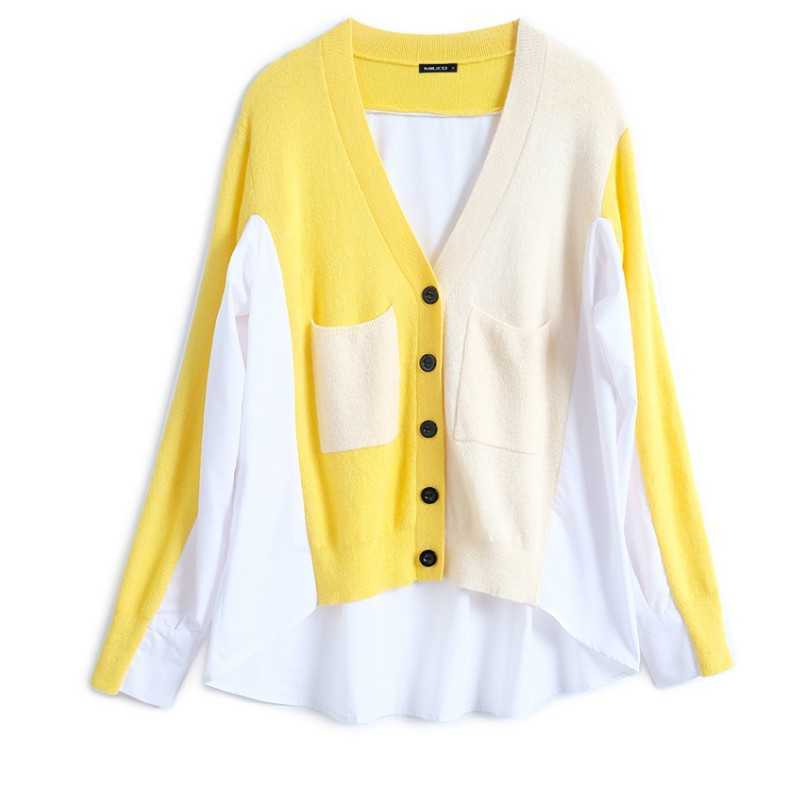 

Spring Women Fake Two-piece Cardigan Coat Knitted Stitching White Shirt Casual Loose Top 210526, Photo color