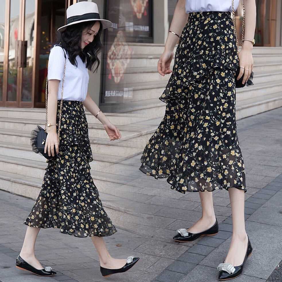 

Elegant Chiffon Skirts Summer Women Floral High Waist Irregular Ruffle Black Blue Mid-Calf Chic Female Bohemian Skirt 210526, Navy blue