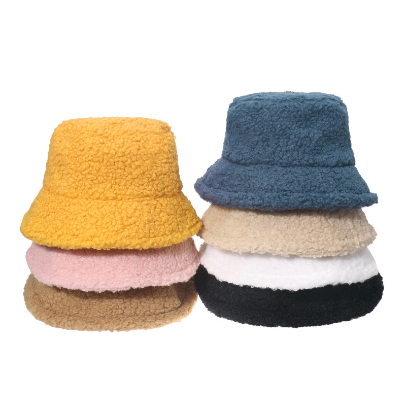 

Hats & Caps Mens and Womens Japanese Korean European American Cross-Border Thickened Outdoor Leisure Warm Plush Bucket Solid Color Lamb Wool Buc, Yellow