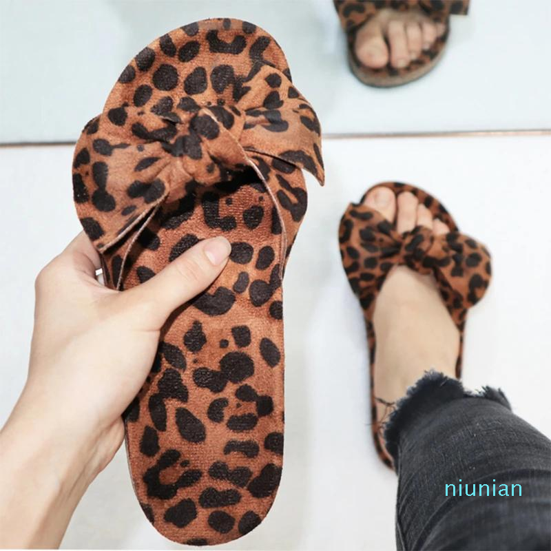 

Slippers 2021 Sandals Women Leopard Bow Flat Bottom Open Toe Slipper Home Slides Walking Ladies Outdoor Beach Shoes, Leopard print