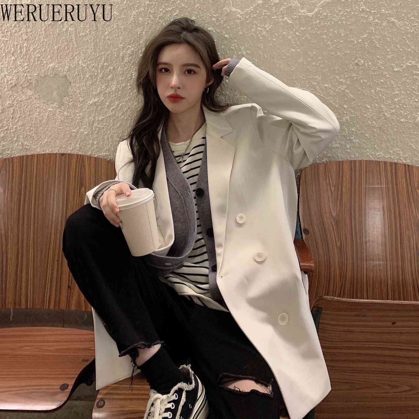 

WERUERUYU design Double breasted women suit coat casual lady black and white jacket fashion streetwear loose outerwear tops 210608, Photo color