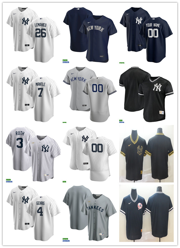 

Men Women Youth New York Yankees 4 Lou Gehrig 3 Babe Ruth 26 DJ LeMahieu 7 Mantle White gray navy Custom Baseball Jersey, Blue;black