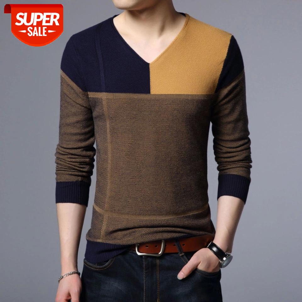 

New Men Pullover Fashion V Neck Spring Autumn Slim Fit Knit Patchwork Striped Male Sweater Casual Jumpers Outwear Full Sweater #ZR8D, White;black