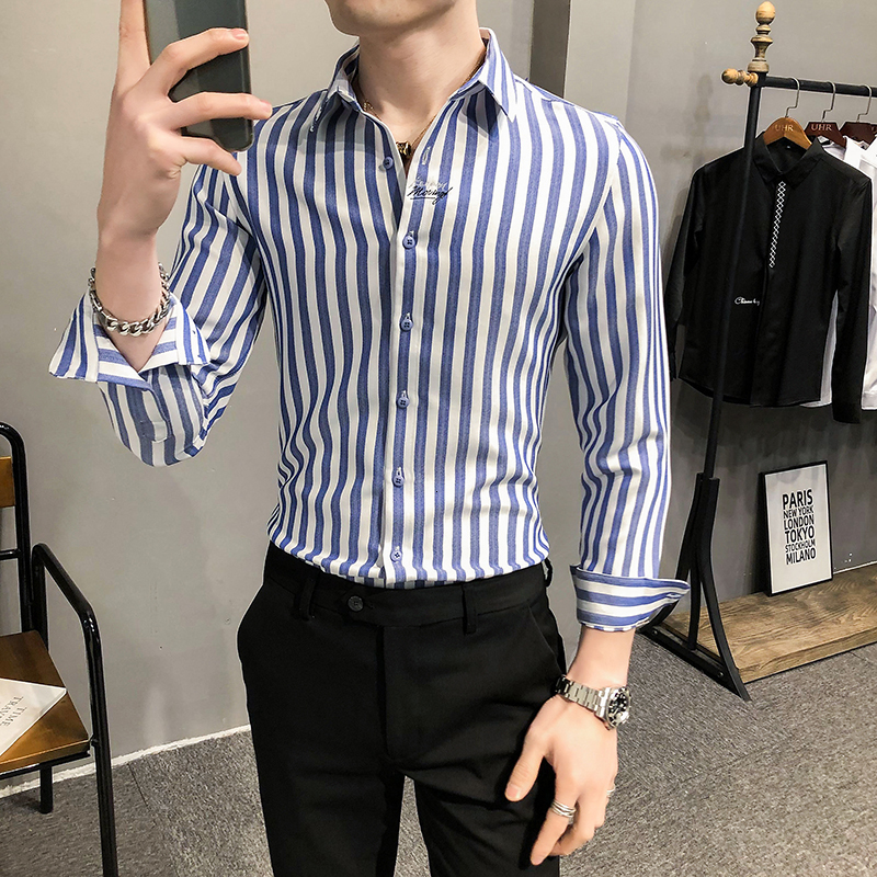 

New Moda 2021 Primavera Nova Manga Longa Listrado Camisas De Vestido Dos Homens Simples Negcios Formal Wear Fino Ajuste Casual Escritrio U5w, Black white stripes