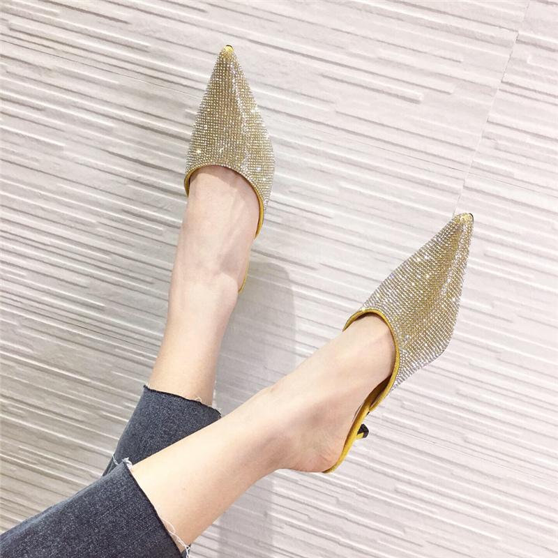 

Slippers 2021 Summer Women Bling Crystal Low Heels Slides Mules Pointed Closed Toe Gold Black Rhinestone High Party Shoes, Black 1
