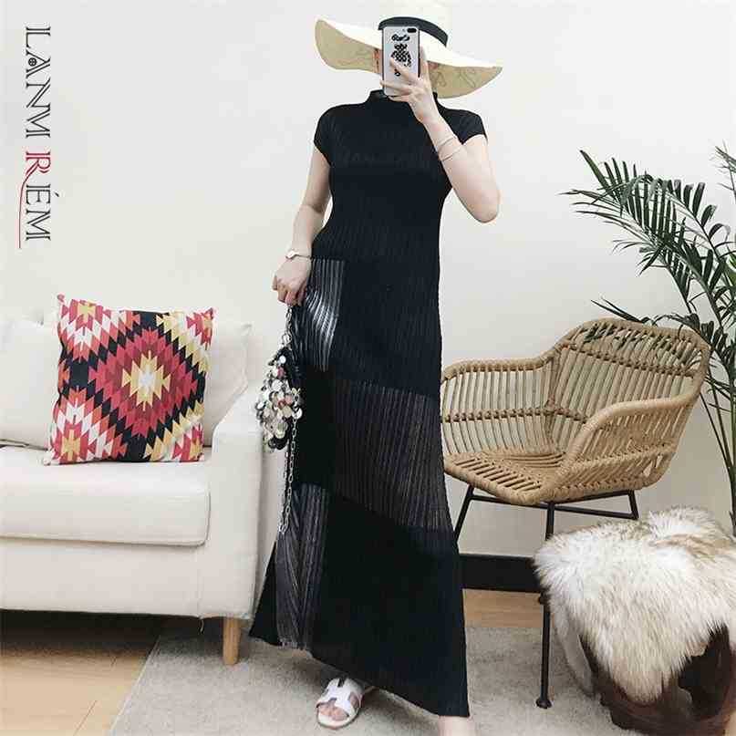 

Women Yellow Pleated Big Size Long Dress Stand Neck Short Sleeve Loose Fit Female Fashion Summer 2E1861 210526