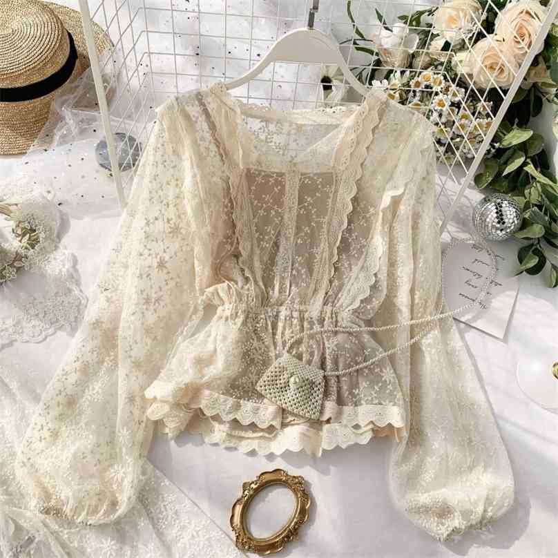 

Women Lace Shrits Spring Auutmn Fashion Slim Long Sleeved Shrot Blouse Ladies Beach Tops 210525, Apricot
