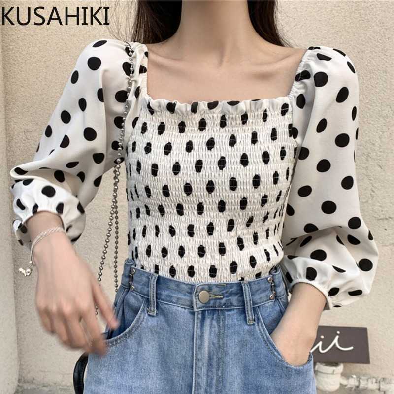 

KUSAHIKI Summer Korean Dot Blouse Tops Puff Sleeve Square Collar Women Shirts Stretch Slim Short Blusas Mujer De Moda 6H479 210602, White