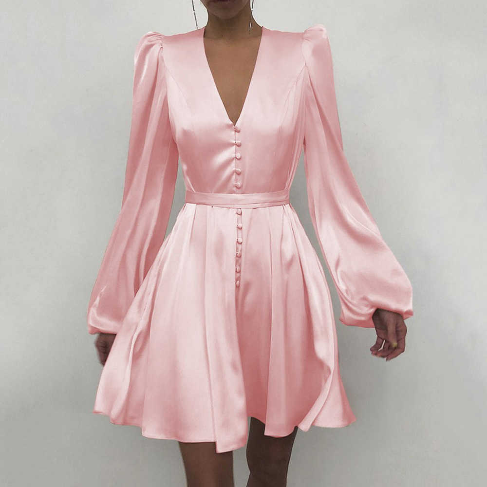

Spring Fashion 2021Elegant Women Satin Solid Long Sleeve Dress Button A-Line Mini Dress Casual Loose V-Neck Party Dress Vestido Y0603, Orange 20321