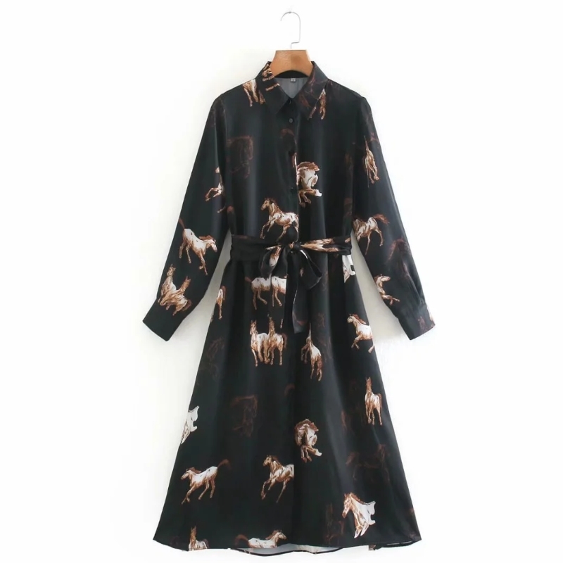 

Autumn Women Horse Print Sashes Turndown Collar Shirt Dress Female Long Sleeve Clothes Casual Lady Slim Vestido D6793 210302, As pic
