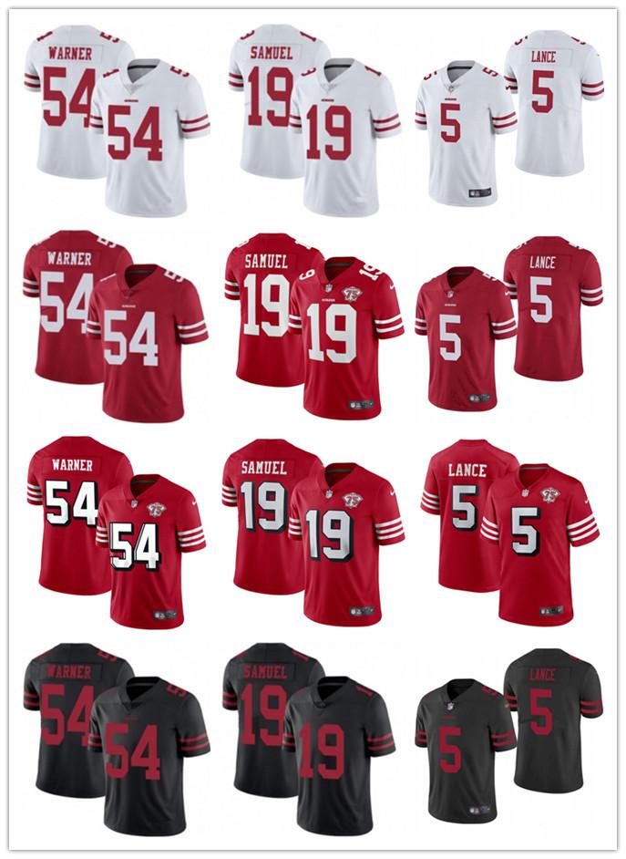 

75th Men women Youth San Francisco49ersJersey 5 Trey Lance 19 Deebo Samuel 54 Fred Warner Football Jerseys black red