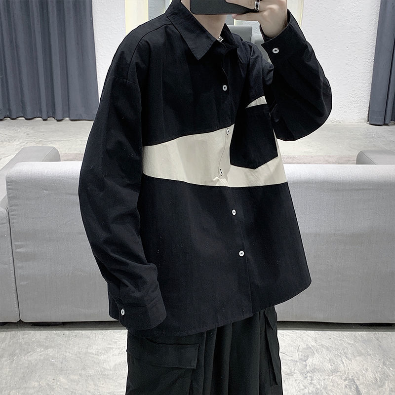 

2021 New Men's Loose Patchwork Color Long Sleeve Cargo Cotton Shirt Clothing Social Camisa Masculina Streetwear Shirts Large Size M-5xl T35t, Black