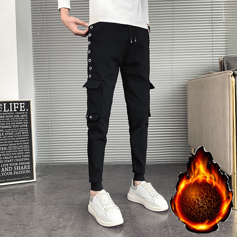 

2021 New Thick Winter Plus Hot Veet Harem Male Pants Side Pocket Thin Casual Fit Joggers Low Waist Black 34-28 8wim