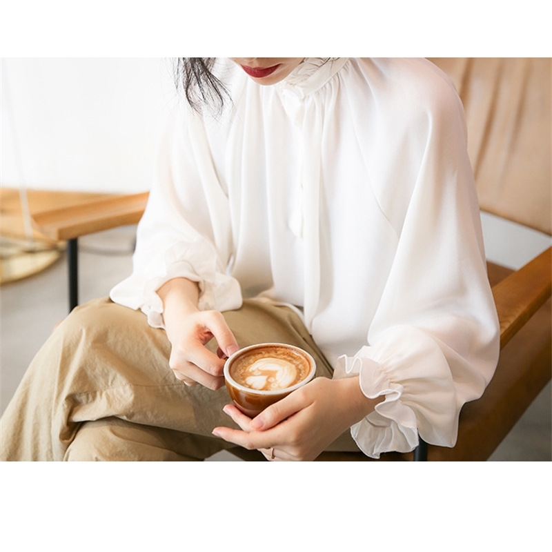

Womens Tops and Blouses Plus Size White Ruffle Chiffon Shirt Office Lantern Sleeve Shirts Women Blusas De Mujer 210603