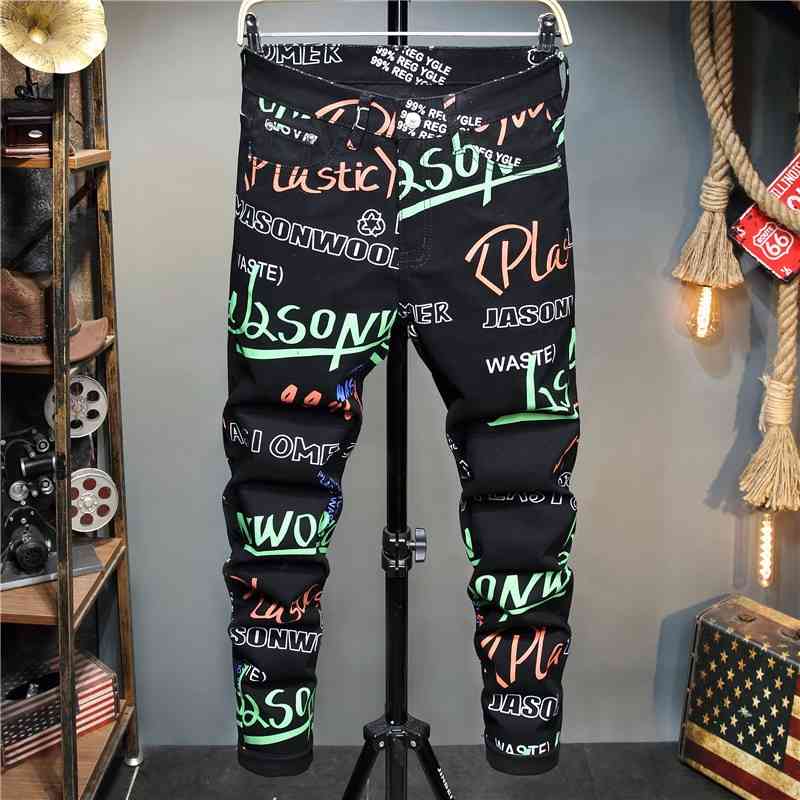 

2021 new nightclub fried Street printed casual straight Leggings elastic men's pants, Black