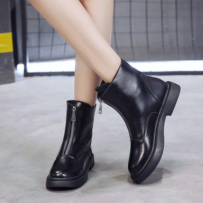 

Front Zipper Chunky Platform Women's Boots Solid Black Boots Women Round Toe High Heel Ankle For Women Zapatillas Mujer