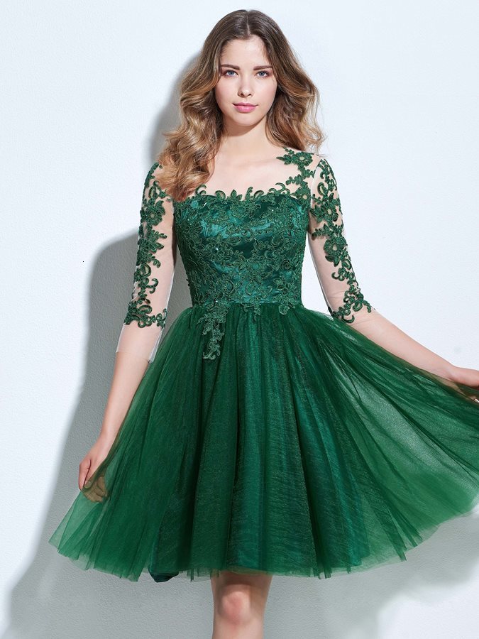 

2021 New Green Half Sleeves Appliques Button Knee Length Es Women Sheer Neck Prom Party Gowns Robe De Cocktail 4df9, Beige