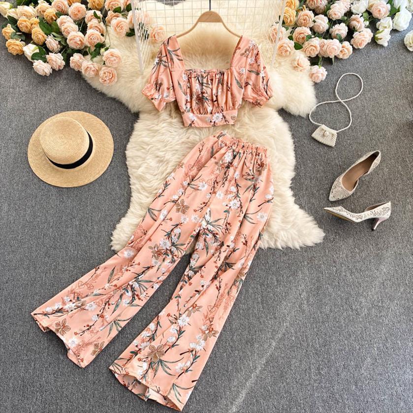 

summer holiday style chiffon printing womens pants two piece set short shirt high waist wide leg ladies idyllic, White