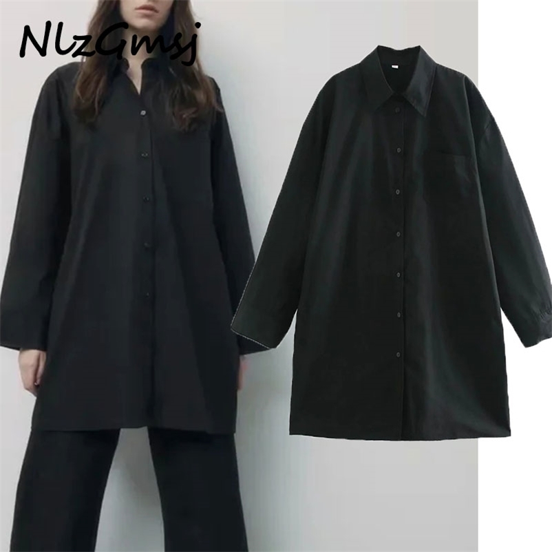 

Blouse Women Black Oversize Long Shirt Fall Collared Button Up Sleeve Top Female Casual 210628, As picture