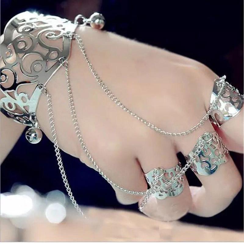 

Bangle Punk Vintage Silver Hollow Out Finger Ring Bracelets For Women Fashion Carved Chain Cuff Wedding Party Jewelry Gift