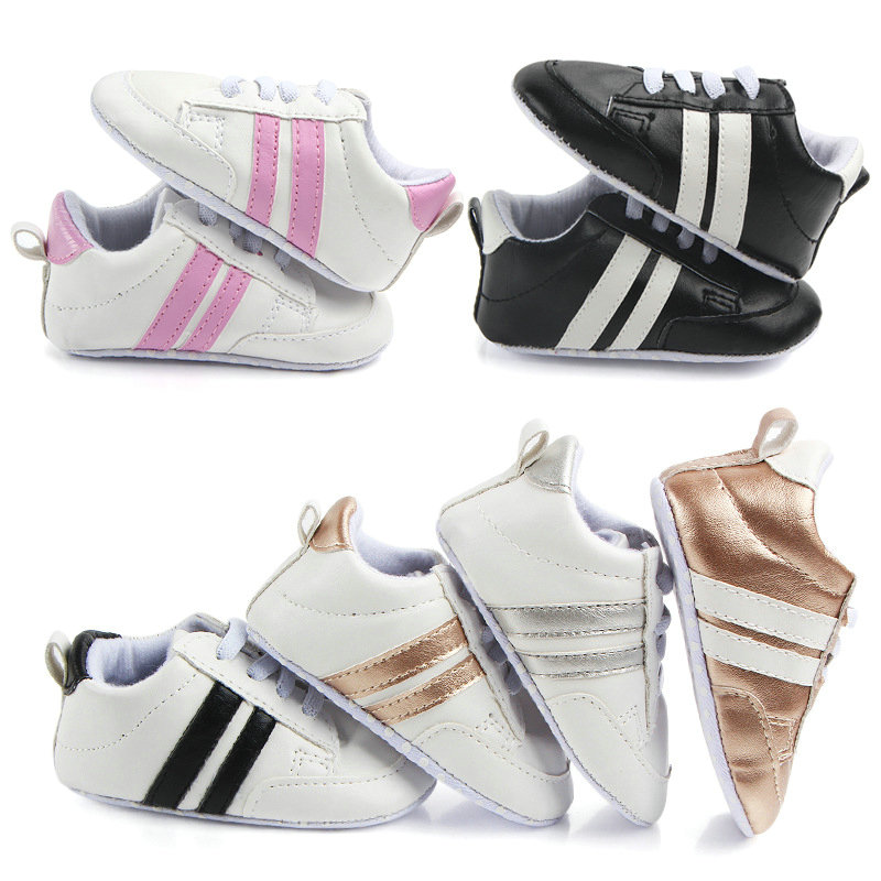

New Patch style PU Leather Baby shoes First Walkers Crib girls boys sneakers Infant Baby moccasins Shoes 0-18 Months, White + black