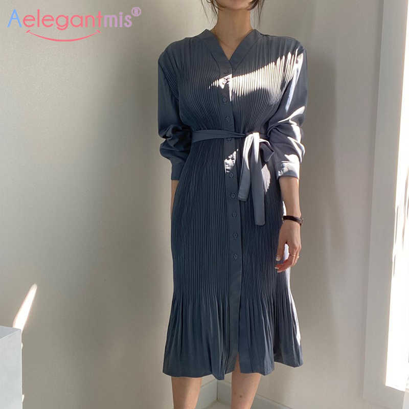 

Aelegantmis Vintage Long Dress Women with Belt Elegant V Neck Single Breasted Slim Trumpet Vestidos De Mujer Korean Chic 210607, Sky blue