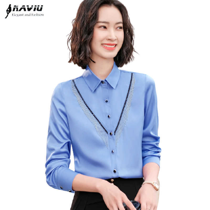 

Blue Shirt Women Tassel Design Temperament Fashion Spring Long Sleeve Satin Blouses Office Ladies Formal Work Tops White 210604
