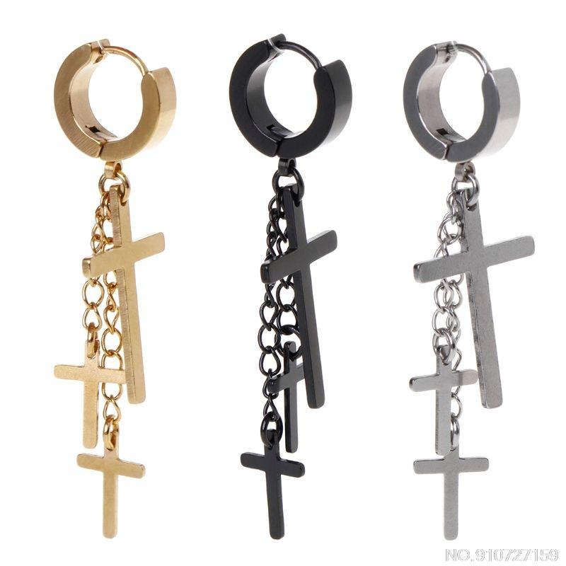 

Dangle & Chandelier 1pc Design Punk Earrings Cross Pendant Long Drop Chain Tassel Titanium Steel Women Men Charms Brincos Hanging J19 21