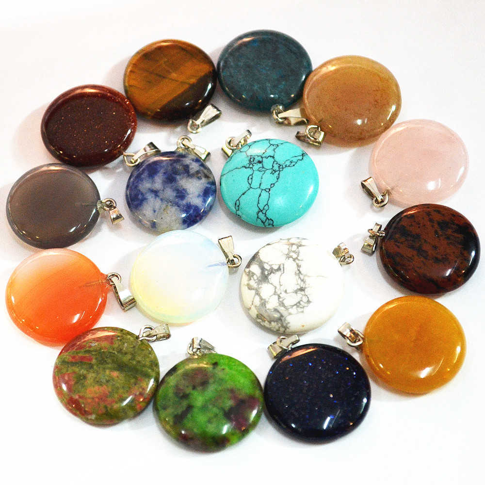 

Whole Fashion Round Cake Mixed Color Natural Stone Pendants Charms Necklaces Jewelry Making 50PCS