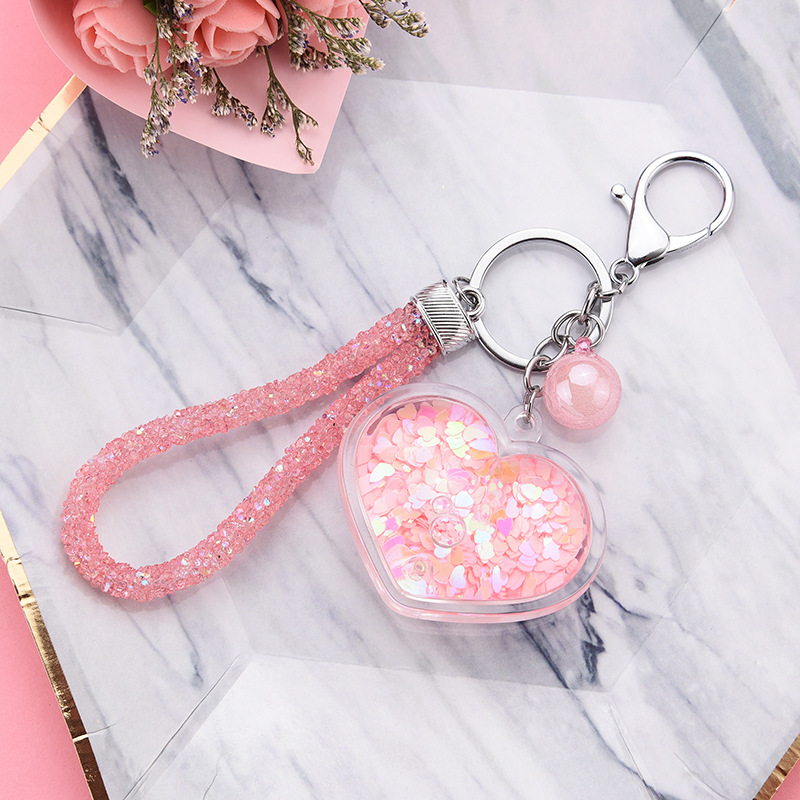 

10Pieces/Lot 2022Fashion Sequins Heart Keychain For Women Pendant Transparent Quicksand Sequin Key Chain PU Rope Lover Car Keychain Girl Gi